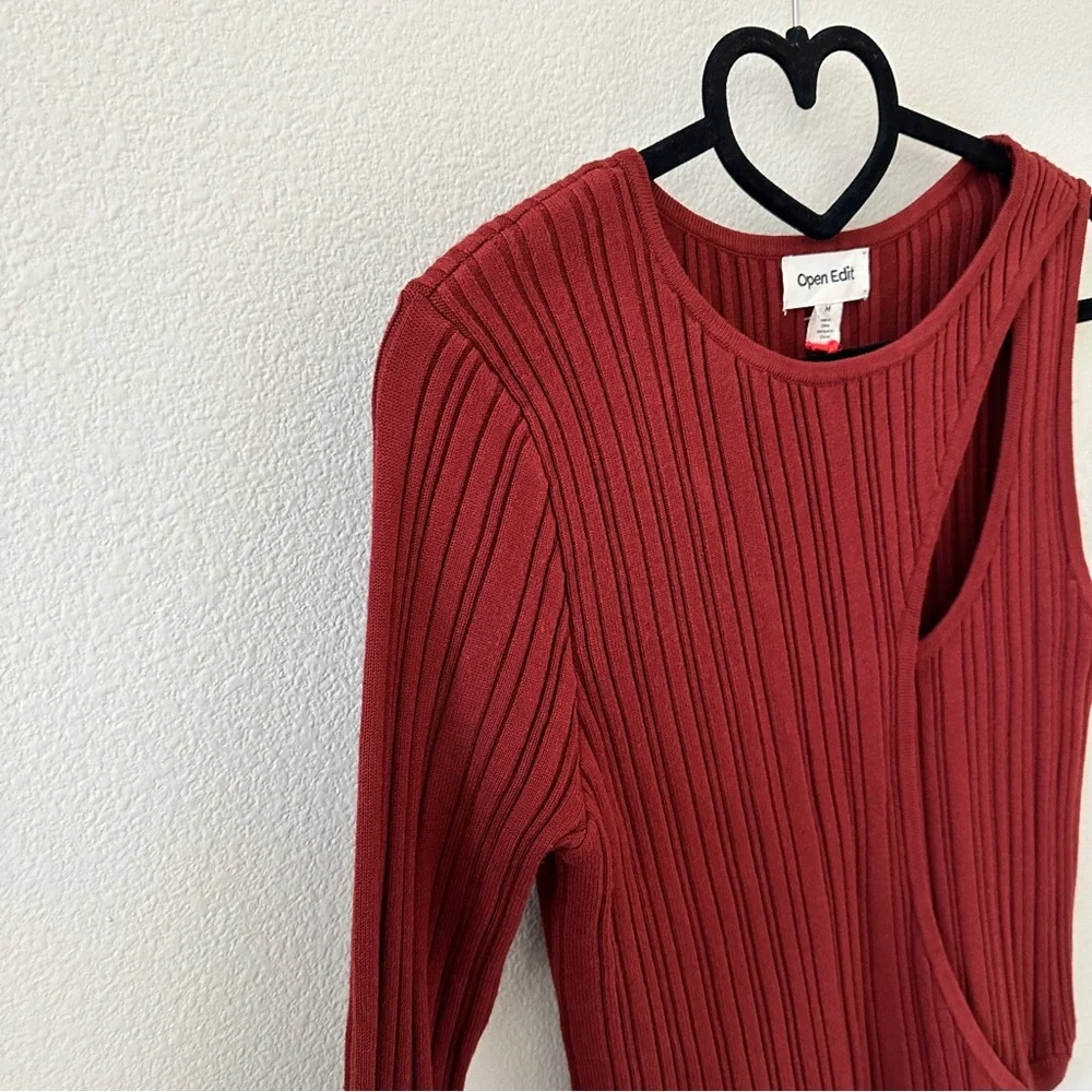 Open Edit Rust Orange Ribbed Cutout Knit Top NWT Size M